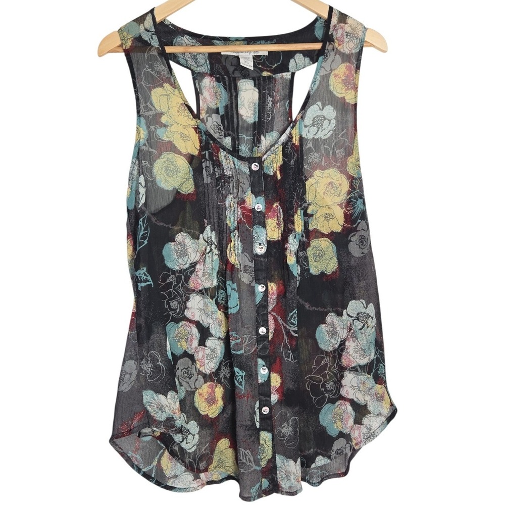 American Rag Floral Pleated Racerbackβ Tank Top Sheer Button Front XL Whimsygoth